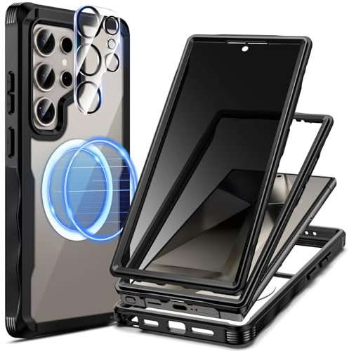 seacosmo Magnetic for Samsung S24 Ultra Case, Galaxy S24 Ultra Cover Fit for MagSafe Built-in Camera Cover + Privacy Screen Protector + Front Frame, Heavy Duty Shockproof S24 Ultra Phone Case- Black