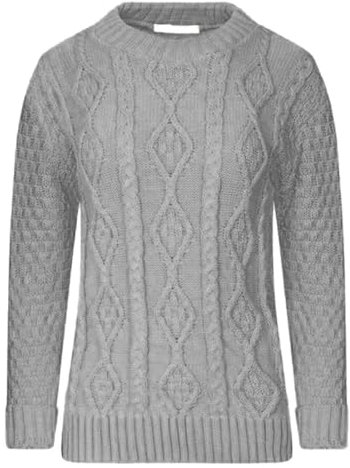 Ladies Women’s New Chunky Diamond Cable Knitted Long Sleeve Sweater Pull Over Jumper Top Cable Knit Warm Sweater Formal Casual Crew Neck Pullover (UK, Numeric, 12, 14, Regular, Regular, Grey)