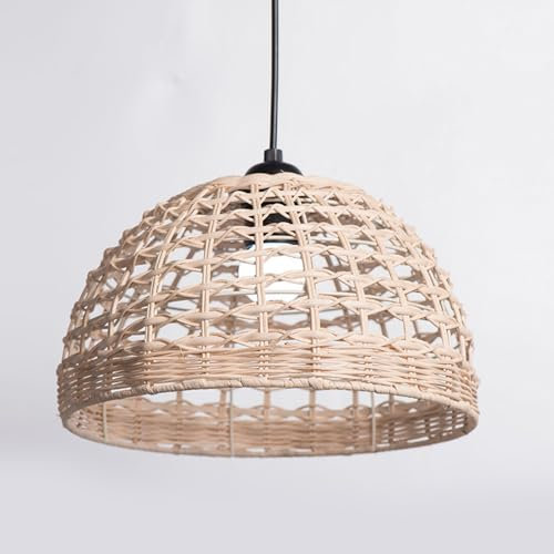 LIGKIN Hängeleuchte Rattan Vintage E27 Kronleuchter Retro Pendelleuchte Boho Lampenschirm Metallkäfig und Rattan Hängelampe für Wohnzimmer Schlafzimmer Küche, Ø28cm