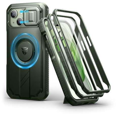 Dexnor Kompatibel mit iPhone 15 Hülle mit Kameraabdeckung Schieben & Einstellbarer Kickstand & Integrierter Displayschutz, Robuste stoßfeste Bumper Heavy Duty Mangetic Schutzhülle - Military Green