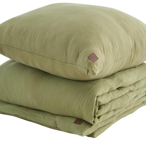 ADDSOUL Musselin Bettwäsche Set 135x200cm + 80x80cm Olive Bettwäsche Set Oeko Tex Knitterlook Bügelfrei Allergikerfreundlich mit Reißverschluss 100% Baumwolle Doppel Gauze
