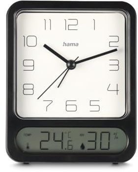 Hama analoger Wecker (mit digitaler Temperaturanzeige, mit Hygrometer, ohne Ticken, 1 Weckzeit, mit Stunden-, Minuten- und Sekundenzeiger, inkl. Batterie) schwarz