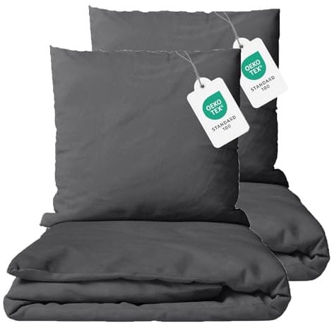 Class Home Collection Bettwäsche 155x220 Baumwolle 4 teilig Renforce Bettwäsche-Set mit Reißverschluss Uni Anthrazit