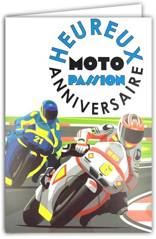 69-8110 Glückwunschkarte zum Geburtstag, Motorrad, Passion, mit Umschlag, 12 x 17,5 cm, Illustration für Motorradfahrer, großer Hubraum, Rennstrecke, GP-Geschwindigkeit, echte Neon-Tinten, entworfen