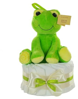 Windeltorte mit Baby Spieluhr FROSCH, Geschenk zur Geburt und Babyparty