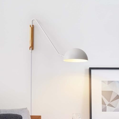 AoLa Vintage Holz Wandleuchte Mit Schalter Und Stecker Verstellbar Wandlampe Innen E27 Schwenkarm Wandbeleuchtung mit Kabel 360° Drehbare Lang Arm Leselampen Nachttischlampe für Schlafzimmer Büro