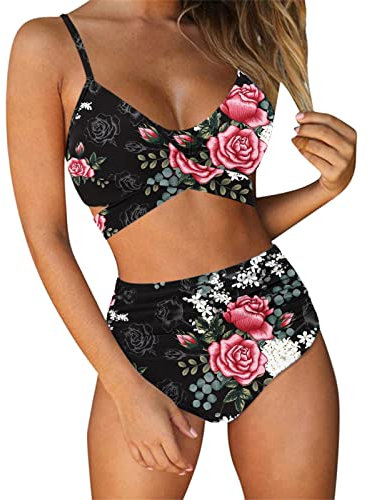 Maillot de Bain Taille Haute Criss High Femmes imprimé Floral Maillot de Bain pièce String 2 Maillots de Bain Tankinis Ensemble Short Fluo Foot (S)