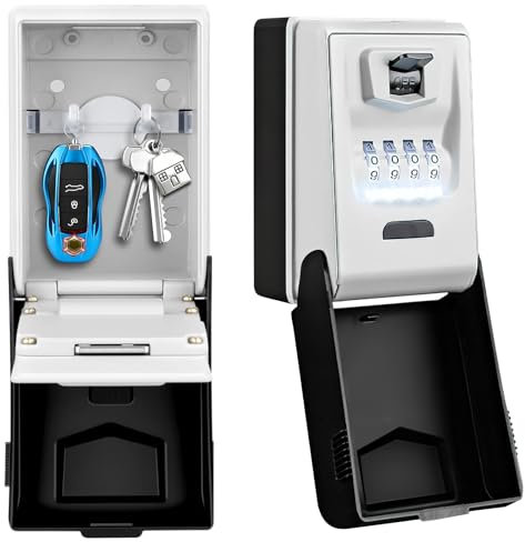 beibijio Boîte à Clé Sécurisée Exterieur, Mise à niveau 2025 4 Code Grande Boîte à Clés Murale Étanche avec Lumière Automatique, Robuste Coffre-Fort à CléS Antirouille pour Maison, Garage, Gris