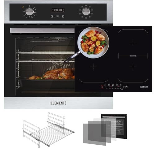 KB ELEMENTS Autarkes Herdset | 60cm Einbaubackofen | 59cm Induktionskochfeld | 9-Funktionen | 3-fach Wärmeschutzverglasung | Rotisserie-Funktion | Pizza-Funktion | EEK A+ (Schwarz)