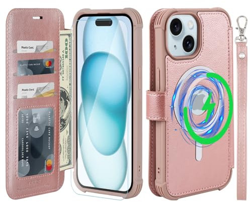 VANAVAGY Compatible for iPhone 15 Wallet Case for Magsafe Wireless Charging,Leather Flip Wrist [Glass Screen Protectors and Camera Lens Protectors]with RFID Blocking Card Holder,Rose gold