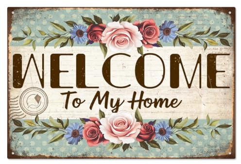 WADORN Vintage Home Willkommen Metall Blechschild, 30x20cm Lustiges Retro Blechschild 'Willkommen In Meinem Zuhause' Brief Mit Blumen Wandkunst Plakette Poster Frühling Im Freien Hof Garten Veranda