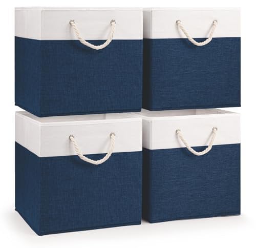 Woodluv Storage Cube Boxes Large, Set of 4 Foldable Storage Basket for Cupboards, Shelves, Closet, Set of 4, Navy Blue, 30 x 30 x 30 cm