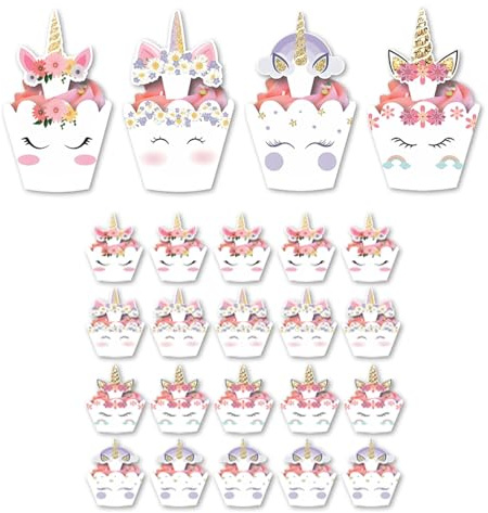 Einhorn Muffin Deko 24 Set, Einhorn Cupcake Wrappers Toppers, Einhorn Tortendeko Geburtstagsdeko, Cupcake Dekoration für Geburtstagsfeier, Kuchendeckel für Hochzeiten Dessert Kuchen (Rosa)
