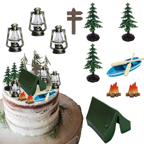 Ephlyn 12Pcs Camping Party Cupcake Toppers Three Trees Tent Cupcake Picks Happy Camping Cake Decorations for Camping Party Supplies Green