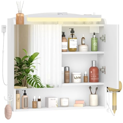 Hzuaneri Spiegelschrank Bad mit Beleuchtung, Wandschrank | Badezimmerschrank mit Spiegel, Haartrockner-Halter und Haken, mit Stecker, Weiß, 16,5 x 70 x 75 cm MC10103XEU