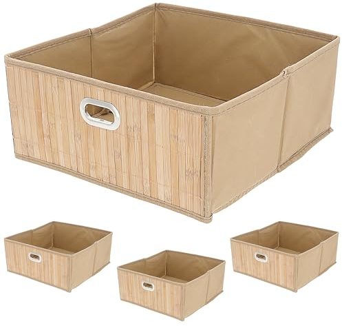 Aufbewahrungskorb Bambus 4er Set | faltbar quadratisch naturfarben silber 31x14x31cm Metall | Utensilienkorb zum Falten mit Grifflöchern Bambusbox (1 x 4er Set Aufbewahrungskorb Bambus 31x14x31cm)