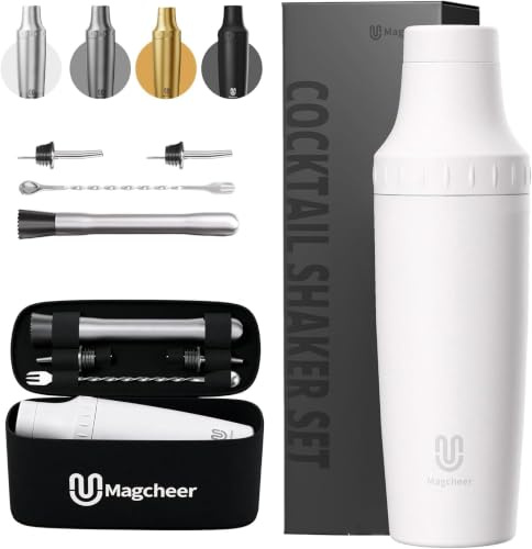 Magcheer Cocktail Shaker Set mit Integrierter Maßskala 900ml Premium Edelstahl Frostsicherer Doppelwand-Barkeeper Set Geschenkset mit Aufbewahrungsbox für Anfänger und Barkeeper(Weiß)