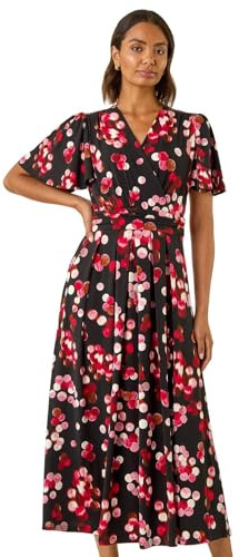 Roman Fit and Flare Dress for Women Ladies Chest Twist Knot Ruched Tea Skater Empire Waist Wedding Guest Smart Casual Swing Midi 3/4 Long Sleeve Knee Length - Spot Red - Size 14