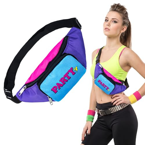 Kitimi Bauchtasche 80er Jahre Outfit Damen,Bunte Neon Doppeltaschen Bauchtasche Festival Mit Verstellbaren Schultergurten MetallreißVerschluss,Unisex GüRteltasche FüR Party Karneval Outdoor