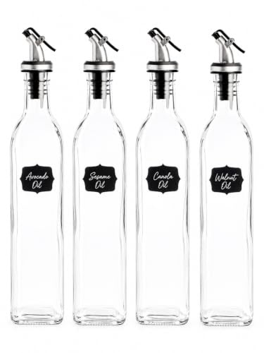 500ml Glass Bottles, Oil Dispenser Bottle, Set of 4, Vinegar Pourers | Includes Labels and Pen, Stoppers and Drizzlers for Balsamic, Soy Sauce, Salad Dressing Bottle - Refillable Bottles
