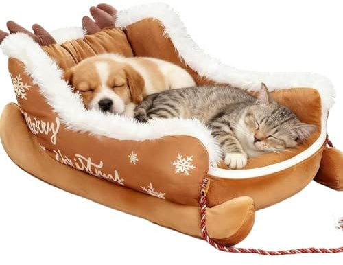 WANWEN Weihnachts Schlitten Haustierbett, Einzigartiges Katzenbett, Weiches Plüsch-Hundebett & Katzensofa, Gemütliches Isoliertes Wärmenest für Indoor Hunde, Welpen, Katzen und Kätzchen (Brown,M)