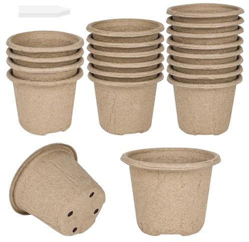 RUCUDIM Abbaubare Anzuchttöpfe 20 Stück, Ø 11cm Biologisch Abbaubare Pflanztöpfe mit 20pcs Kunststoffetiketten, Pflanztopf, Saattopf, Pflanzenanzucht für Gemüse, Obst, Kräuter, Blumen