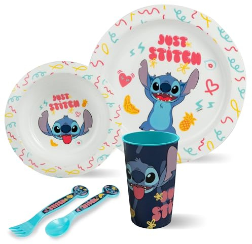 Stitch Kindergeschirr Set 5-teilig für Kinder | Teller, Schale, Becher, Löffel und Gabel aus Kunststoff in Weiß – leicht und bruchfest, ab 3 Jahren