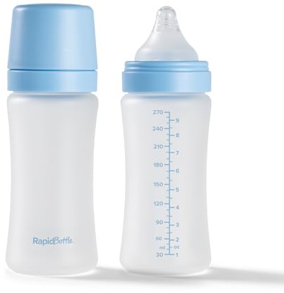 Nuby RapidBottle Lot de 2 biberons en verre anti-coliques avec revêtement en silicone et tétine semblable à la poitrine | Alimentation rapide | Sans microplastiques | Stérilisation rapide | 255 ml