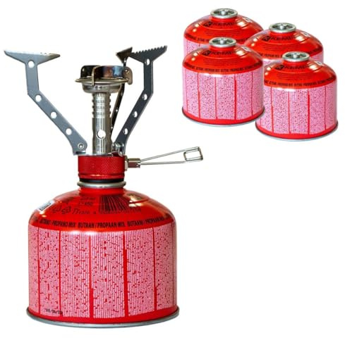 KEMPER - Réchaud gaz Portable 4.5 KW + 4 Cartouches gaz Butane Propane 230gr - Mini brûleur randonnée Anti-Vent Pliable & Léger Camping Haute Montagne