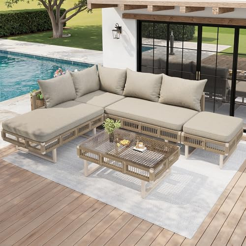 Merax Garden Furniture Outdoor Patio Conversation Set, 4-Piece Modular Rope-Woven Sectional Sofa with Cushions & Coffee Table, for Garden Yard Poolside for 5-6, Beige