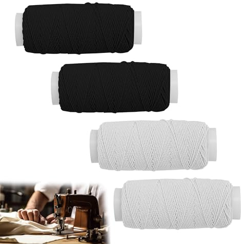 LEOUEANR Set da 4 fili elastici per cucire (2 neri + 2 bianchi), cordino elastico senza confezione, ideale per cucito, design di costumi, braccialetti con perline, collane e progetti di creazione