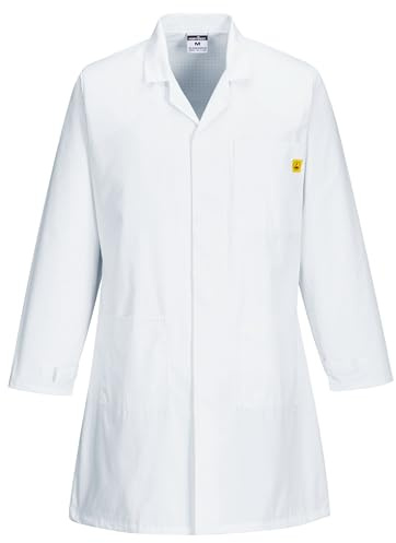 Portwest AS10 Anti-Static ESD Coat 2 Lower Pockets Concealed Stud Polyester | White, Small, EN 61340-5-1, EN 1149-5, UPF 50+, CE Certified, 34% Cotton, Lightweight, Breathable, Durable, Mandarin Collar