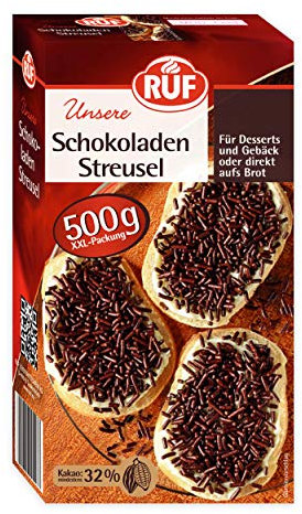 RUF Schokoladen-Streusel XXL, 500 g Schoko-Streusel auf Brot, für bunte Plätzchen, Kuchen, Muffins, Pudding und Eis, glutenfrei und vegan