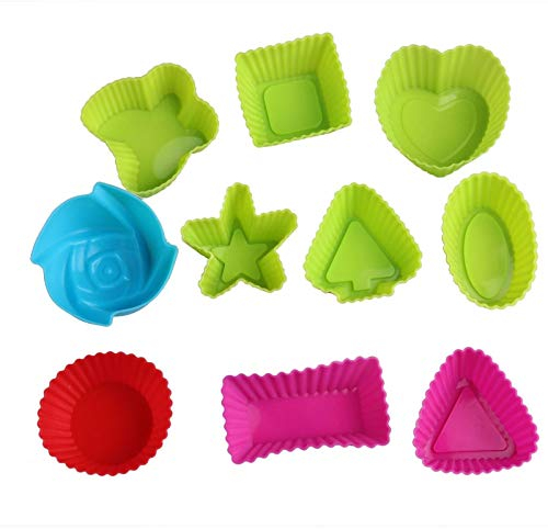 15x Silicone Muffin Cases Reusable Cupcake Moulds Assorted Shapes Round Heart Star Non Stick Baking Tray Air Fryer Oven Microwave Safe BPA Free Multicolour Dishwasher Friendly
