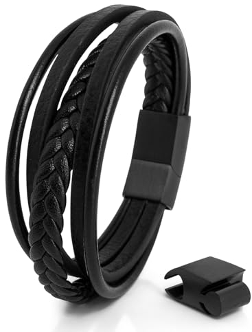 Akitsune Pax Lederarmband | Armschmuck Damen Herren Magnetisch Armband - Mattschwarz - Schwarz 21cm