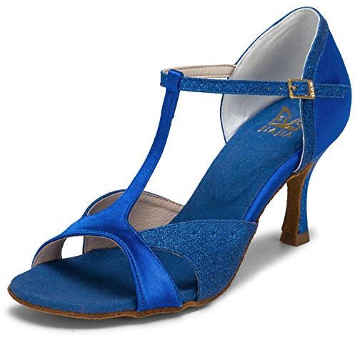 JIA JIA JIA JIA 2055 Lateinische Damensandalen 2,7'' Ausgestellter Absatz Super Satin mit funkelnden Glitzern Tanzschuhe Farbe Blau, Größe 5 UK / 38 EU