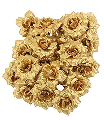 Wohlstand Kunstblumen, Blüten-Köpfe, Künstliche Blütenköpfe,Kunstblumen Rosenköpfe Stoffrosen Deko-Blüte, Basteln Tischdeko Dekoration Hochzeit Taufe Kommunion Blumen Applikationen,50 Stück,Gold