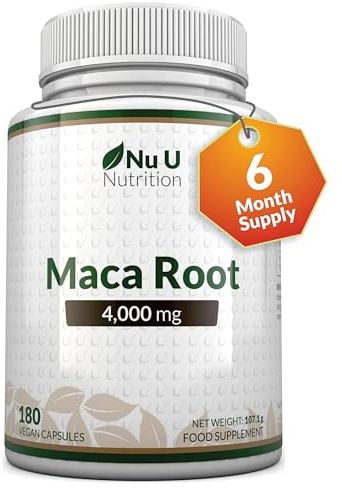 Maca Root 4000mg - 180 Gélules Végétaliennes - 6 Mois - Racine de Maca Péruvienne de Haute Puissance pour Hommes et Femmes - Fabriqué en Europe - Nu U Nutrition