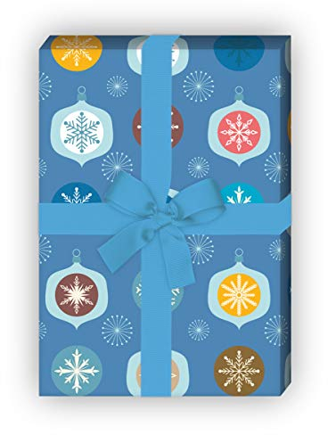 Retro Vintage Weihnachtspapier blau im 70er Jahre Stil mit Weihnachtsschmuck & Sternen als liebevolle Geschenk Verpackung um schön zu schenken, 32 x 48cm zu Weihnachten