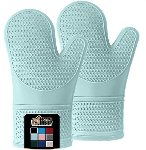 Gorilla Grip BPA-Free Soft Silicone Oven Mitts, Heat and Slip Resistant Thick Cotton Lined Cooking Mitt Set, Long Flexible Potholders Protect Hands, Kitchen Essential Waterproof Gloves, 12.5 Mint
