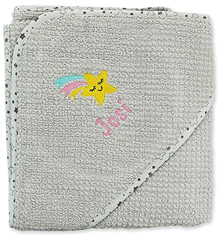 Wolimbo Bio Kapuzenbadetuch - hellgrau Sterne 100x100cm - personalisierbar - Badehandtuch - weiches Babyhandtuch - Geschenk zur Taufe, Geburt - 100% Baumwolle