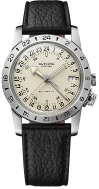 Glycine Herren Fliegeruhr Airman No.1 GMT Automatik Armband Leder Schwarz 36mm Edelstahl Saphirglas 300m Wasserfest Dornschließe Analog Minimalist