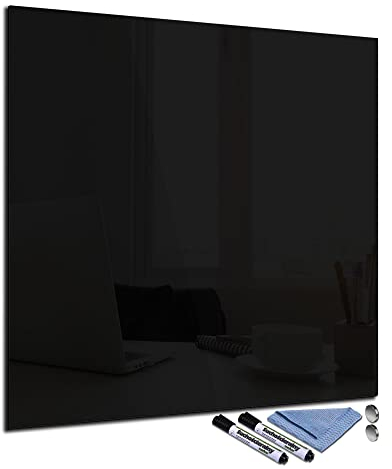 Glas-Magnettafel 80x80 cm Whiteboard Wand Beschreibbar Quadratisch Magnetisch Küche Office Büro mit Zubehör Wochenplaner Abwischbar Deko Memoboard Tafel Schwarz