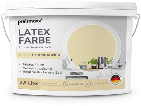 Preismaxx Latexfarbe Champagner abwaschbar hohe Deckkraft Wandfarbe 2,5l | Farbe matt, abwischbar Küche, Bad, Flur, Treppenhaus Kinderzimmer, strapazierfähig, Flecken entfernen leicht zu reinigen
