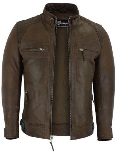 Vance Leather Herren Cafe Racer gewachstes Lammfell Austin Braun Motorrad Lederjacke, Schokoladenbraun, L
