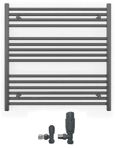 700mm Wide Straight Anthracite Grey Heated Bathroom Towel Rail Radiator With Valves For Central Heating UK (With TRV Angled Valves, 700 x 800 mm (h))