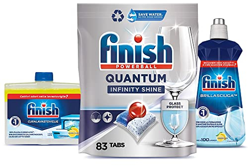 Finish Quantum Infinity Shine Pastiglie Lavastoviglie, 83 Capsule Lavastoviglie + Finish Curalavastoviglie al Limone, 1 Prodotto di Cura Lavastoviglie + Finish Brillantante Lavastoviglie al Limone
