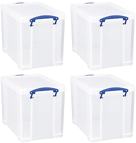 Really Useful Box 19 Liter Plastic Stackable Storage Container w/Snap Lid & Built-In Clip Lock Handles for Home & Office Organization, Clear (4 Pack)