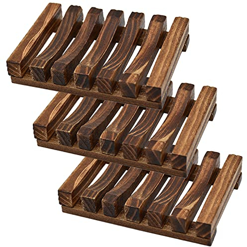 Selbstentleerende Seifenschale/Ablage, 3 Stück, natürlicher Holz-Seifenhalter, Seifenschale für Dusche, Badezimmer, verlängert die Lebensdauer der Seife, hält Seifenstücke trocken sauber und leicht zu