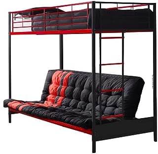 Vente-unique Hochbett 90 x 190 cm ? mit ausziehbarer Sitzbank ? Metall ? Schwarz und Rot + Futon ? Modell V